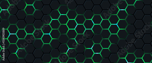Dark technology hexagonal vector abstract background. Green bright energy flashes under hexagon in dark technology futuristic modern background vector illustration. Gray honeycomb texture grid.