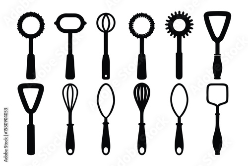 A collection of black silhouette kitchen utensils including whisks bottle openers and other unique tools arranged in two rows on a white background