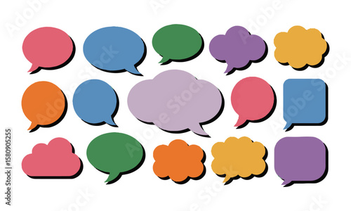 Scalable vector image of various colorful speech bubbles and thought clouds in vibrant, cute colorful speech bubbles, easily editable.