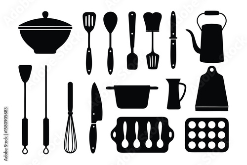 Culinary Collection: A curated silhouette showcasing a range of essential cooking utensils, from spatulas and whisks to pots and pans, perfect for any culinary creation.
