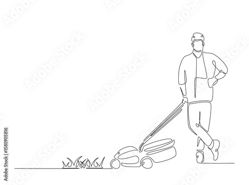 Gardener holding lawn mower in single outline illustration. Continuous line art drawing of man holding grass cutter machine.