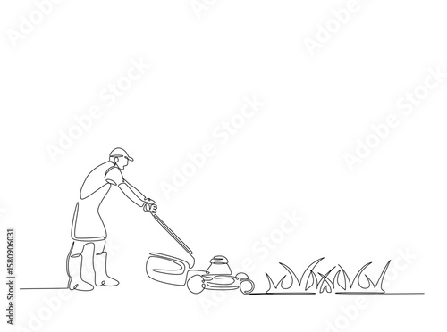 Gardener holding lawn mower in single outline illustration. Continuous line art drawing of man holding grass cutter machine.