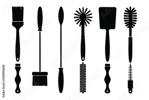 Collection of cleaning brushes and tools with detachable handles showcasing diverse bristle designs and shapes for various cleaning tasks
