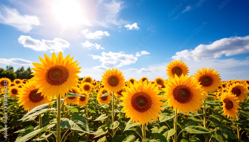 Naklejka premium Golden Sunflowers Stretching Toward a Clear Sky
