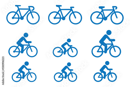 Man on bicycle icon outline collection or set in black and white
