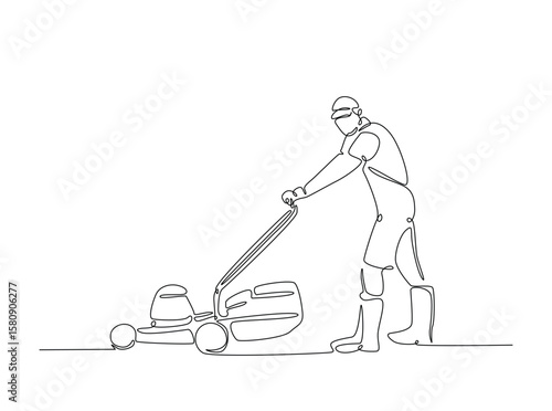 Gardener holding lawn mower in single outline illustration. Continuous line art drawing of man holding grass cutter machine.