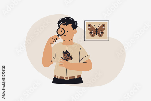 Male Entomologist Examining Butterfly with Magnifying Glass Vector