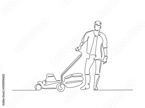 Gardener holding lawn mower in single outline illustration. Continuous line art drawing of man holding grass cutter machine.