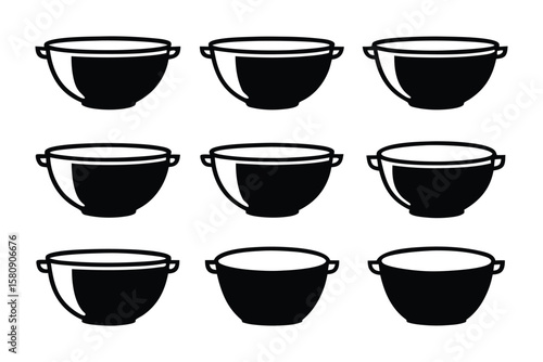 Nine identical black and white silhouette icons of cooking pots or bowls with handles arranged in a three by three grid pattern