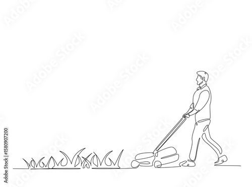 Gardener holding lawn mower in single outline illustration. Continuous line art drawing of man holding grass cutter machine.