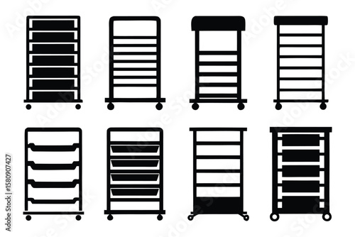 Collection of diverse rolling storage carts with multiple drawers and shelves presented as black and white vector illustrations on a white background