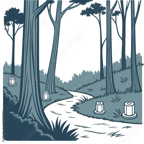 Illustration of a forest scene with tall trees, a winding path, and cylindrical objects scattered around the area