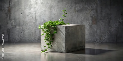 A cube of weathered concrete, sits on a polished floor against a textured wall, a vibrant green vine cascades from its top, adding a touch of life to the austere setting.