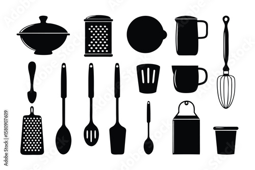 Culinary Silhouettes: A monochromatic tableau of kitchen essentials, featuring elegant silhouettes of culinary tools and accessories, inviting you to explore the art of cooking