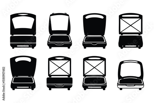 Collection of black and white silhouette icons representing various types of sandwich makers and grills in different open and closed positions