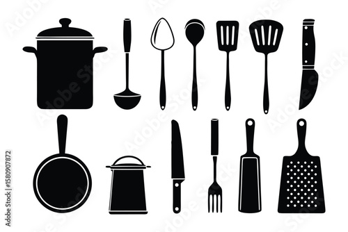 Culinary Essentials: A sleek, minimalist illustration showcases essential kitchen tools in monochromatic style, perfect for design projects. 