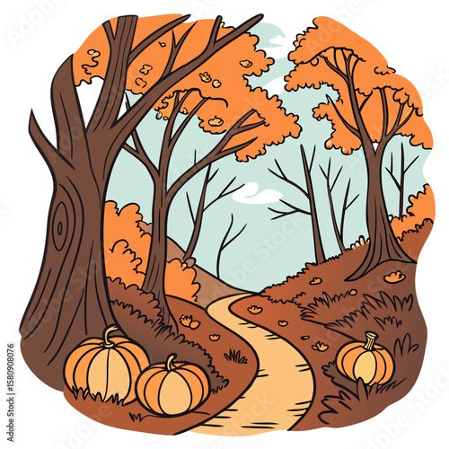 Illustration of an autumn scene with pumpkins trees and a winding path through the colorful foliage