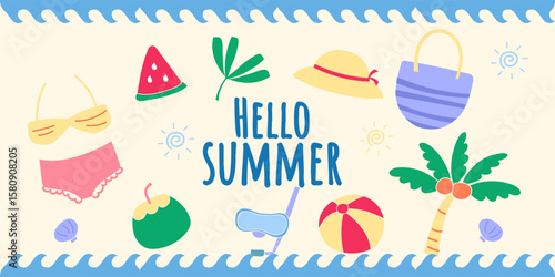 Hello Summer Beach Vacation Illustration.This is a simple flat design in doodle style. There are swimming suit, watermelon, ice cream, palm tree, sunglasses and more.