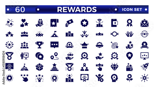 Reward solid icon set. Success icon, Contains icons prize, trophy, winner, gift, bonus card illustration. Set of Winner medal, cup and Laurel wreath award icons. Award line Reward, Certificate.
