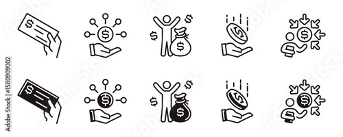 simple business passive income icon line set finance growth profit earning success salary commission signs vector illustration hand holding paycheck dollar coin symbol design