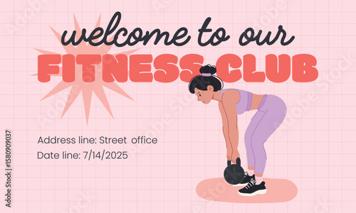 Fitness Club banner with flat style Woman Lifting Kettlebell