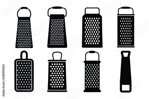 A collection of eight distinct black and white graphic illustrations of various kitchen graters showcasing diverse designs and handle styles