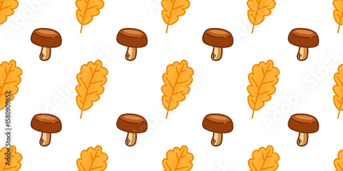 Autumn Mushrooms Leaves Pattern. Seamless pattern with brown forest mushrooms and yellow oak leaves. Flat cartoon style on white background, warm autumn palette.