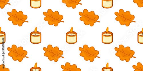 Autumn Leaves Candle Pattern. Cute burning candles and orange fall leaves scattered in a warm autumn seamless pattern. Flat cartoon style, white background, cozy seasonal design.