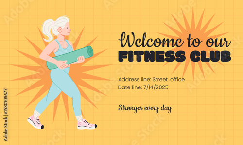 Welcome Fitness Club web Poster with Woman and Yoga Mat