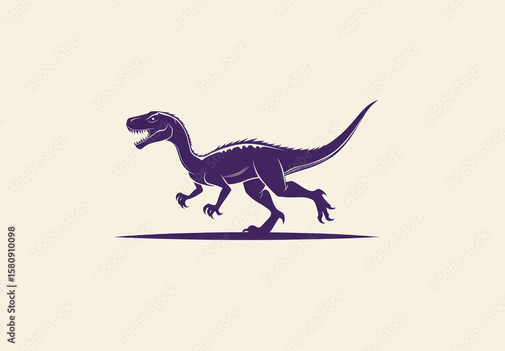 Fototapeta premium Silhouette of a running dinosaur. Dark purple on light beige