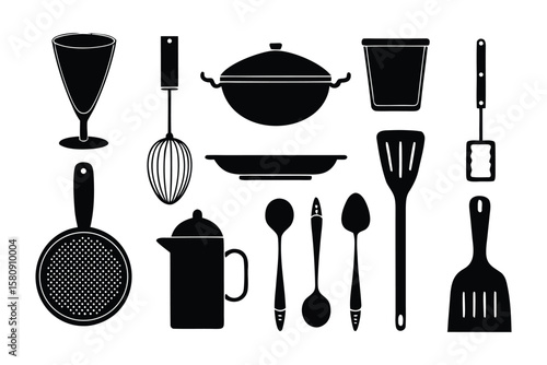 Kitchen Utensil Collection: A meticulously curated ensemble of culinary tools, from sleek ladles to versatile pans, essential for every cooking enthusiast.