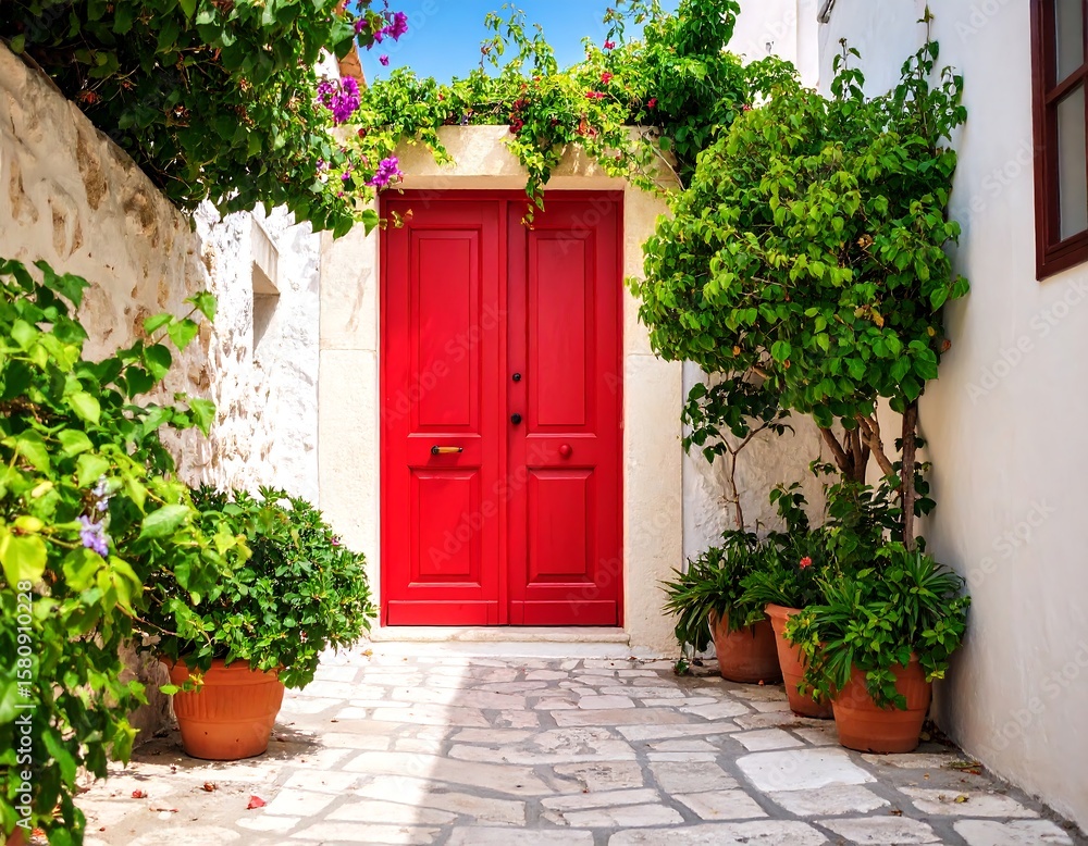 Naklejka premium Red door in a sunlit alleyway