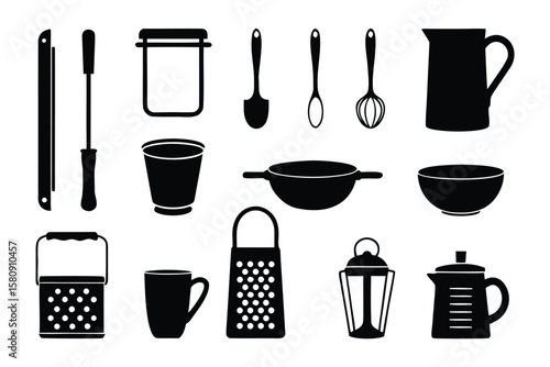 Kitchen Utensil Silhouette Set: Silhouette illustration of diverse kitchen utensil against stark background. A comprehensive tool collection perfect for culinary pursuits.