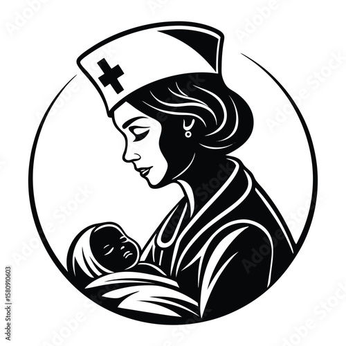 Nurse lovingly cradles a baby in her arms within a simple circular border design