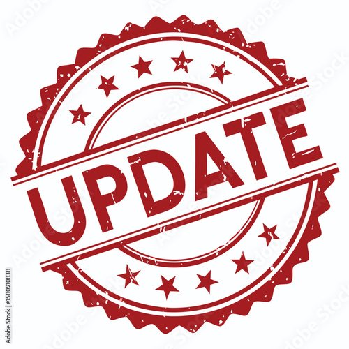 Red distressed starburst seal displays the prominent word 'Update' with horizontal lines across a white backdrop