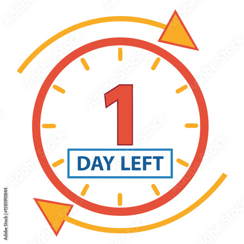 Red clock with one day left on a white background with arrows pointing