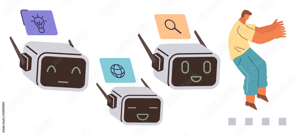 Fototapeta premium Three smiling robots with icons representing ideas, search, and the internet interact with a person. Ideal for artificial intelligence, teamwork, innovation, connectivity, robotics, automation