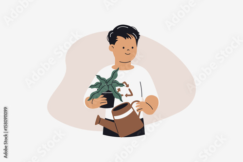 Male Nature Conservationist Caring for Plant with Watering Can Vector