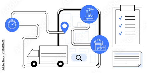 Delivery truck connected to map with destination markers, stopwatch, factory, and clipboard. Ideal for logistics, supply chain, delivery, time management, optimization tracking and planning