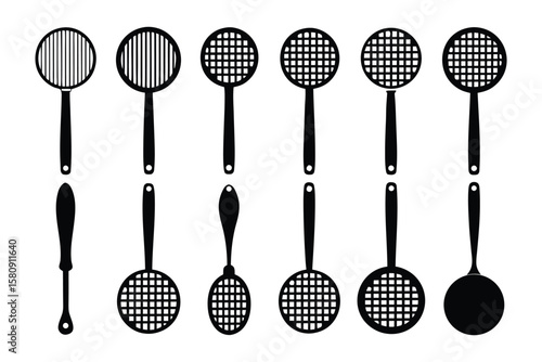 Collection of silhouetted kitchen utensils featuring various skimmers and strainers with different hole patterns and handle designs