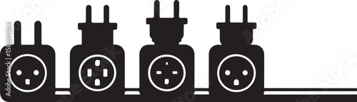 Black electrical plugs and sockets power strip vector