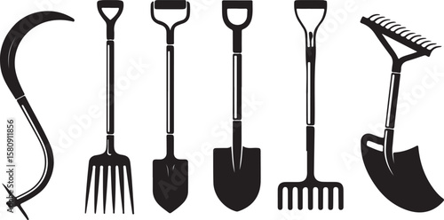 Black farming tools sickle fork shovel rake gardening