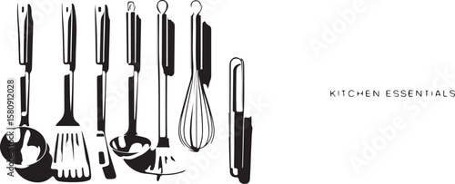 Black kitchen utensils and text cooking tools ladle