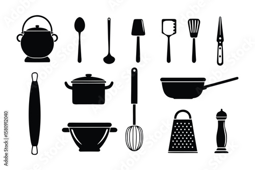 Kitchenware Collection: An array of kitchen tools and cooking utensils, arranged in a clean, elegant composition perfect for culinary projects and food-related themes.