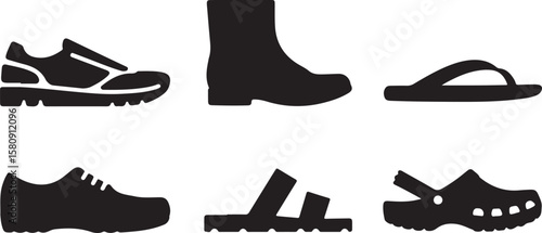 Footwear collection shoe boot sandal clog black icons