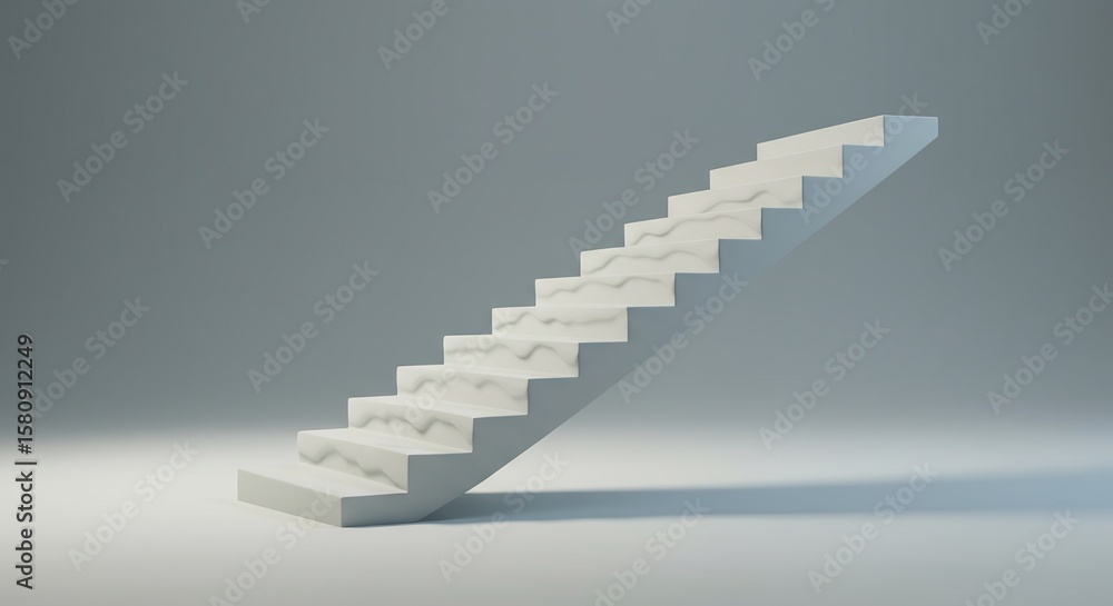 Fototapeta premium A minimalist white staircase with a subtle wavy texture on its steps casting shadows on a gray background