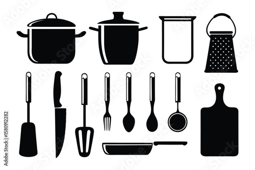 Essential Kitchen Utensils: A clean, vector-style depiction of essential kitchen tools, perfect for culinary applications and design projects.