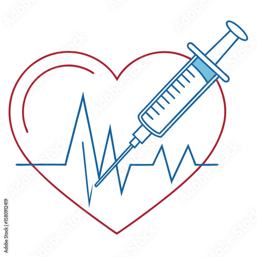 A blue syringe visually pierces through a heart rhythm waveform, all over transparent backdrop