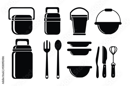 Picnic Set Icons: A collection of simple, yet detailed black and white icons depicting essential picnic items, including containers, utensils, and a bucket. Perfect for camping, outdoor adventures.