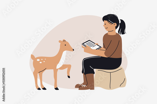 Female Zoologist Observing Wildlife and Recording Data in Nature Vector